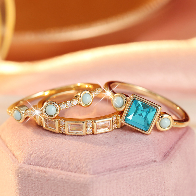3pcs Luxurious Stackable Ring Set with Navy Blue & Turquoise CZ